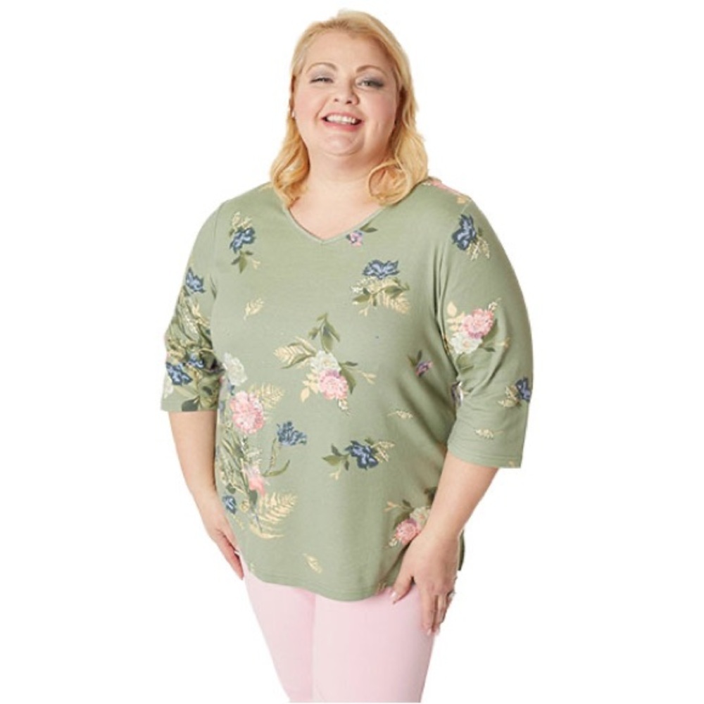 Quacker Factory Sage Green Floral V-Neck Short Sleeve Top Blouse size 3X
